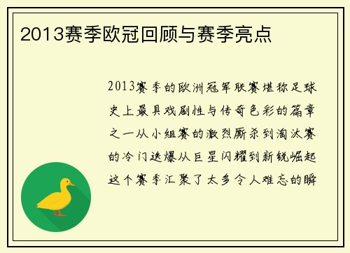 2013赛季欧冠回顾与赛季亮点